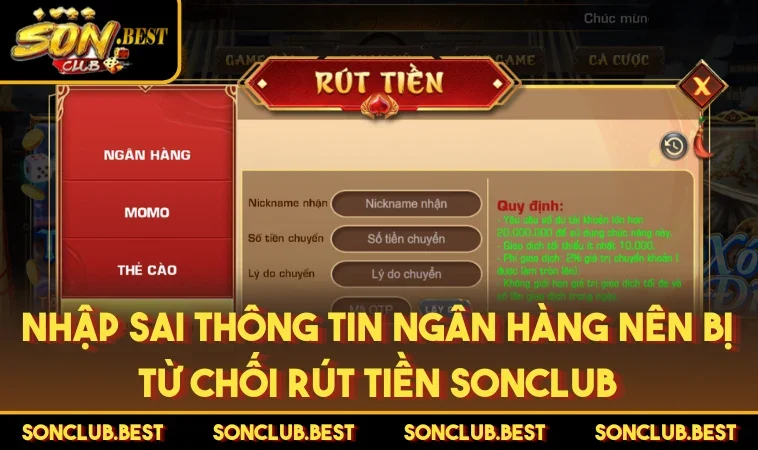 Nhập sai thông tin ngân hàng nên bị từ chối rút tiền SONCLUB