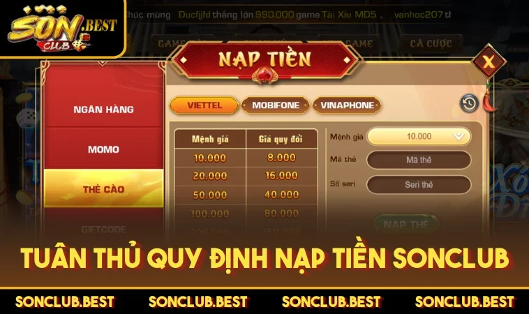 Tuân thủ quy định nạp tiền SONCLUB